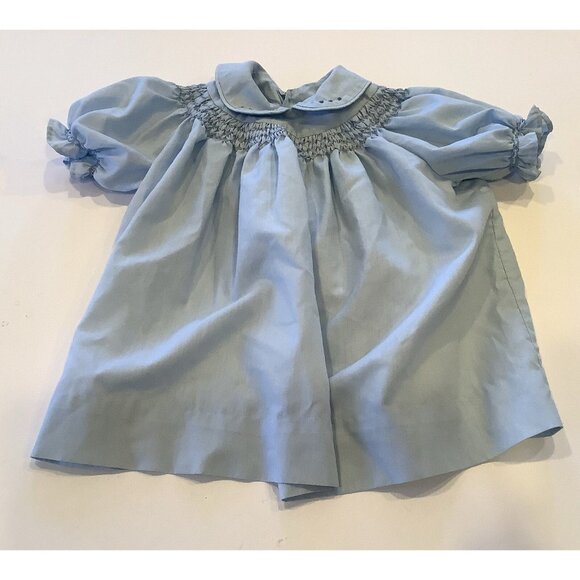 Vintage Infant Dress Blue Smocked Short Sleeves Collar Hand Sewn Approx 3 Mons - Picture 1 of 6